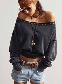 Bohemela Boho Sommer/Herbst Damen Casual Einfarbig Washed Black Studded Metal Decor Off Shoulder Sweatshirt, Bohomian Style Urlaubsoutfits, Geeignet für Musikfestivals - Schwarz - Übersicht 5