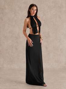 Glamine 2 pièces Ensembles de couleur noire Sexy Découpe Dos Nu Maxi Jupe Sets, Ensemble de Club, Vêtements de Rentrée Scolaire, Vêtements d'Automne, Ensemble de Concert, Streetwear, Ensemble pour Soirée, Ensemble d'Anniversaire pour Femme, Ensemble pour Sortie - Noir - Voir 5