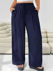 SHEIN EZwear Plus Size Casual Solid Color Straight Leg Pants,Fall Clothes For Women - Navy Blue - View 6