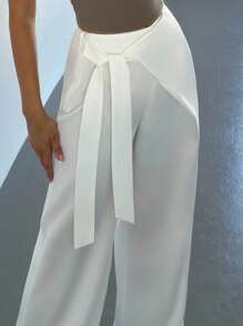 Firerie Women's Elegant Loose Straight Leg Pants, Satin Fabric, Tie Waist, Versatile Casual/Business Wear, Fall, Back To School, Old Money Style, Office - White - View 2