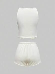 ROMWE Kawaii Women's Summer Casual Basic Ribbed Bow Strap Shorts Pajama Set - White - View 4