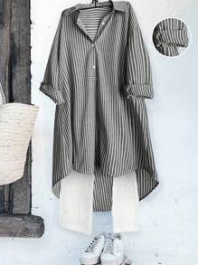 SHEIN LUNE 大码女式经典法式复古风格百搭条纹休闲百搭衬衫，时尚都市时尚设计，适合所有季节，可搭配衬衫和夹克 - 彩色 - 查看 4