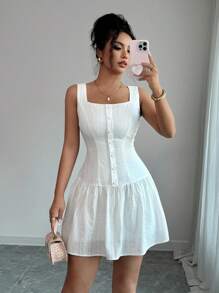 Rafferiza 优雅时尚修身圆领荷叶边下摆休闲通勤女士短款连衣裙，夏季 - 白色 - 查看 3