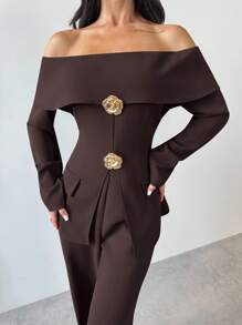 Firerie Women New Autumn And Winter Back Strap Retro Brown One-Shoulder Suit Jacket And Versatile Trousers Suit Two-Piece Suit Sets,Graduation,Teacher Outfits For Women,/Fall Women Clothes/Business Casual Woman/Teacher/Back To School/Old Money/Vintage Clothes Women/Off Shoulder Top And Pants Commuter Suit One Shoulder Suit Office Style Suit  Office Outfits For Women Business Casual Suit