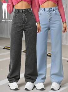 2 件套青少年女孩男女通用直筒牛仔裤，灰色和蓝色水洗，适合学校、周末、学习班
