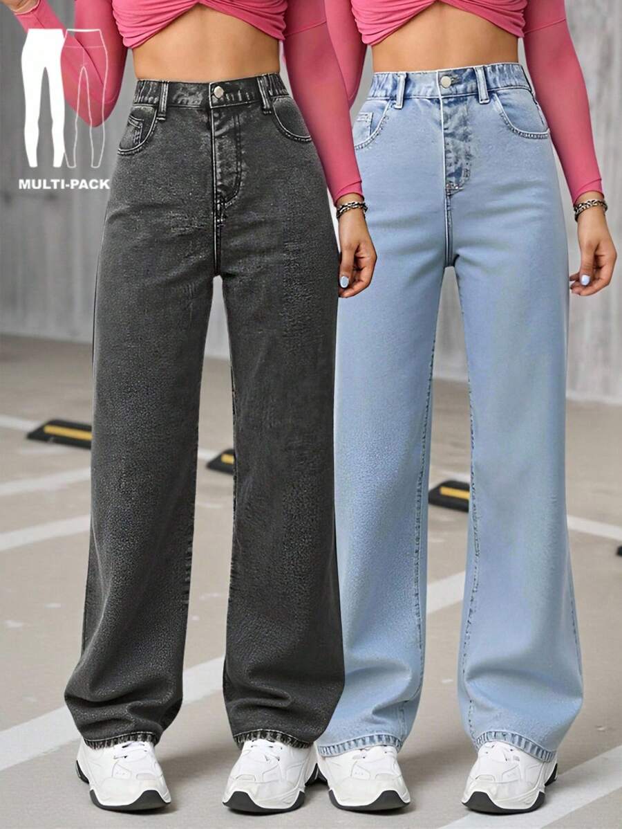 2 件套青少年女孩男女通用直筒牛仔裤，灰色和蓝色水洗，适合学校、周末、学习班