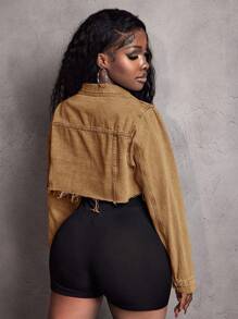 Slaydiva Women's Long Sleeve Single-Breasted Distressed Cropped Denim Jacket - Khaki - View 2