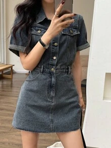 DAZY 女士牛仔短袖连衣裙，休闲时尚，适合日常穿着