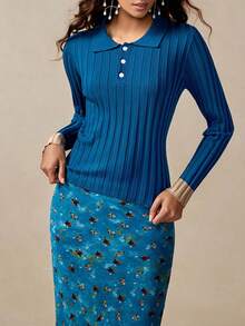Chiquease Ribbed Fitted Knit Undershirt, Green Bohemian Layering Sweater Top Preppy Tops Golf For Women Fall Winter For Women - Navy Blue - View 1