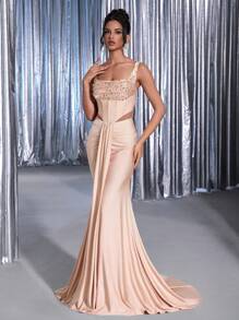 Glamrae Váy đuôi cá xếp nếp dệt kim co giãn đính hạt sequin lấp lánh sang trọng thanh lịch, thích hợp cho đám cưới, tiệc cocktail, ngày lễ, dạ hội, váy dạ hội (được tô điểm nhiều) - Màu be - Xem 2