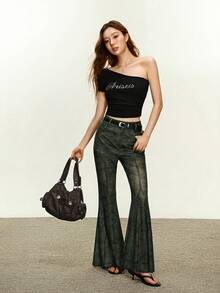 Rina Fox Quần ống loe lưới in họa tiết rằn ri dành cho nữ - màu nâu - Xem 3