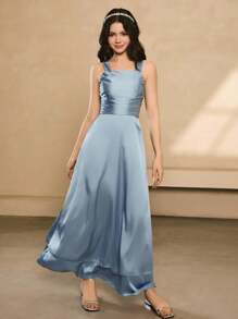 少女蓝缎高端感连衣裙，新款优雅淑女宴会晚礼服，修身长款礼服 - 藍色 - 查看 7