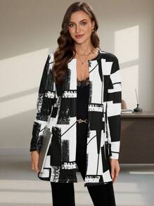 Editum Women's Regular Fit Black And White Geometry Pattern All-Match Jacket In Fall/Winter - Black and White - View 12