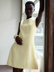 Lumivelle Women's Elegant Sleeveless V-Neck Waisted Mini Dress, Summer Butter Yellow Dress A Line Dress Mod Dress Yellow Mini Dress Back To School Teacher Outfits Modest