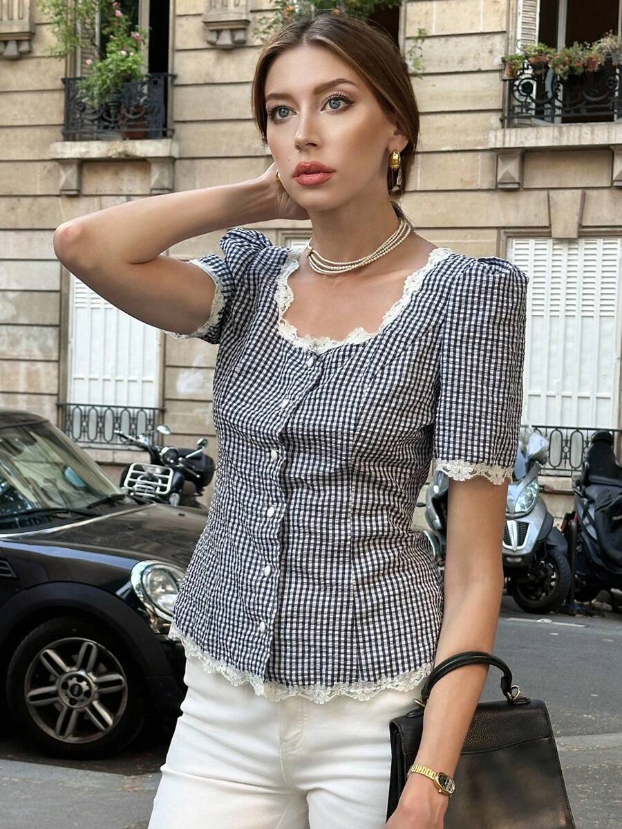 SHEIN PariChic 女式法式格子蕾丝拼布前扣衬衫，休闲装 - 藏蓝色 - 查看 1