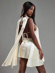 NYA SZN Dress Halter Neck Rose Detail Drape Detail Elegant Formal Wedding Guest Bridal Party Special Occasion Event Ibiza Cool Girl Holiday Satin Mini Length Thanksgiving Christmas NYE New Years Eve Outfits For Women