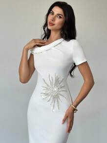 Firerie فستان أبيض كاجوال أنيق للنساء، مزين بالترتر، كتف مكشوف غير متماثل/ملابس نسائية للخريف/ملابس للذهاب إلى العمل/ملابس المعلمات/ملابس للعودة إلى المدرسة/ملابس الطبقة المتوسطة/ملابس كاجوال للعمل/ملابس مكتبية للنساء/ملابس للحفلات البيضاء - الأزرق - مشاهدة 7