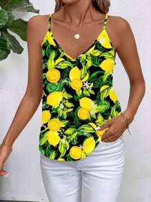 SHEIN Clasi Casual Lemon Floral Print Cami Top For Women, Summer Suitable For Going Out, Halter Top - Multicolor - View 3