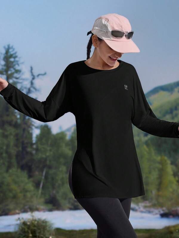 In My Nature Women's Dropped Shoulder Long Sleeve Crew Neck Outdoor T-Shirt With Side Slit Hem Sun Protection Shirt Women Women Long Sleeve Workout Shirt Women Hiking Shirt Cooling Workout Top Upf Shirt Women