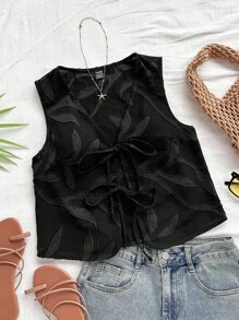 Soleia 休闲度假西部海滩婚礼宾客服装毕业早午餐妇女圣帕特里克节春假复活节音乐节优雅波西米亚热带纹理背心 - 黑色 - 查看 1