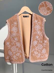 Comfortcana 棕色编织花卉印花女式休闲百搭背心 - 棕色 - 查看 7