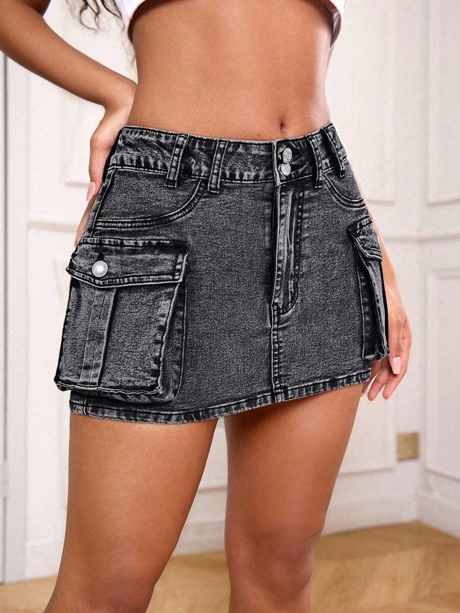 SHEIN PETITE 女式休闲水洗牛仔工装迷你裙，夏季 - 淺灰色 - 查看 1