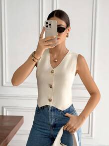 Serisse 女士纯色V领无袖金属纽扣装饰优雅时尚背心，夏季夏季夏季夏季夏季女士海滩度假波西米亚热带度假可爱夏季上衣简约商务休闲女士通勤简约气质办公室夏季背心杏色优雅外出上衣女士，适合学校休闲度假 - 杏色 - 查看 3