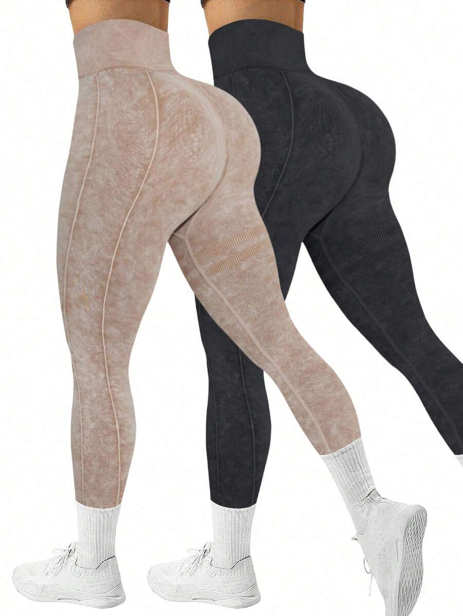 Easithlete High-Waisted Multicolor Women's Sports Leggings With Plain Design For Activewear Two Pieces Yoga Pants - Multicolor - View 1