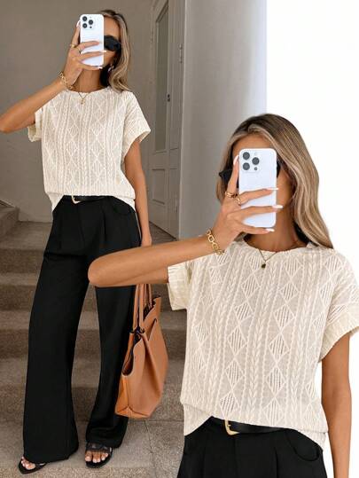 Easowa Women's Textured Fabric Round Neck Short Sleeve Beige T-Shirt, Summer Knit Top Women Knitted Top Summer Tops Women Cream Top Sweater Top Teacher Shirts Short Sleeve Top