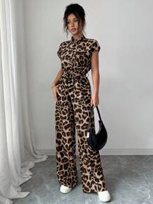 Women's Elegant Stand Collar Open Front Short Sleeve Waist Flared Leg Jumpsuit Clothes For University - Khaki - View 3