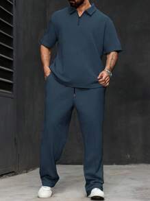 Manfinity CasualCool Setelan Kemeja Polo Lengan Pendek dan Celana Panjang Kasual Pria Ukuran Besar, Musim Panas - Dusty Blue - View 3