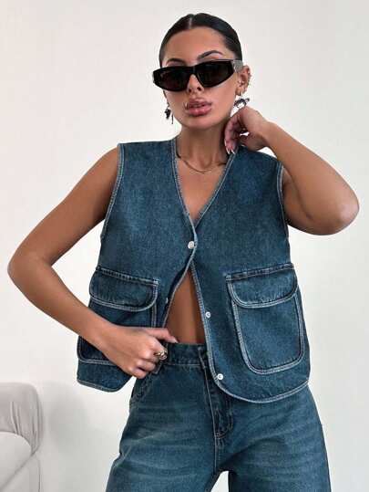 EURMUSE 100%Cotton Women's Sleeveless Denim Top With V-Neckline, Flap Pockets And Front Opening