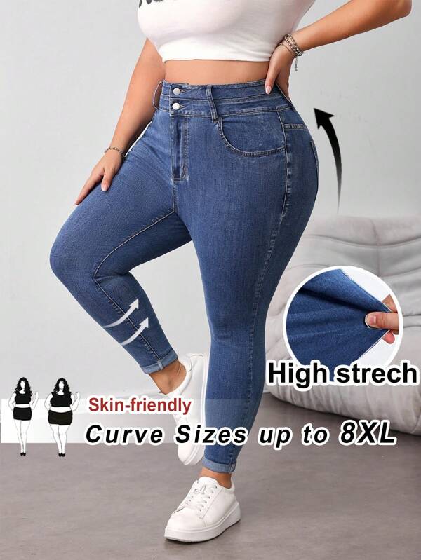 SHEIN CURVE+ Damen Jeans in Große Größen mit hoher Taille, Taschen und schmal geschnitten, vielseitig einsetzbar