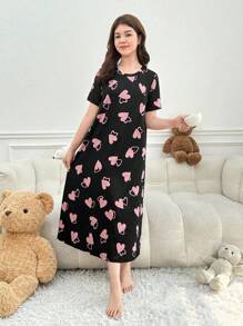 少女舒适心形印花短袖长款睡袍