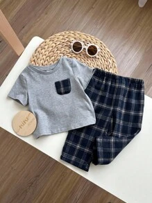 SHEIN 2pcs/Set Dozemod Kids Baby Boy Plaid Pattern Pocket Tee & Plaid Shorts Comfy Casual Pajama Set - Grey - View 7