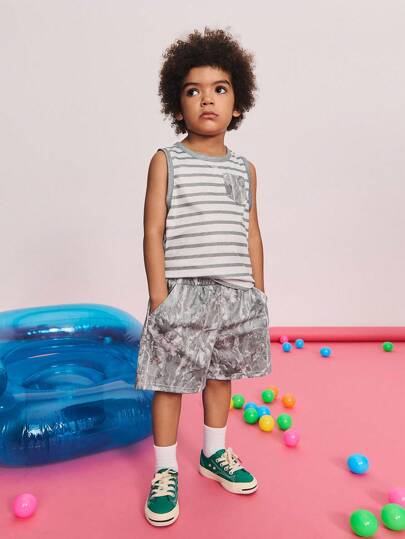 Leap Crew Leap Crew 2pcs/Set Young Boy Casual Striped Sleeveless Top And Shorts Set, Comfortable And Minimalist Kids Tank Top Outfits ,Back To School Season, Christmas