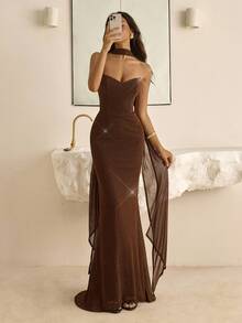 Vowa Vestido ajustado de estilo griego vintage con cintura plisada y cuello con volantes, adecuado para el té de la tarde, fiestas de cócteles, eventos de negocios, bodas y otras ocasiones - Rojo - Ver 2