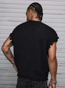 AXEPEAK 男士休闲街头种马图案毛边宽松针织毛衣背心，emo 风格，适合秋冬 - 黑色 - 查看 2