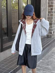 DAZY 少女宽松格子拼接卫衣，休闲宽松格子设计，秋季休闲风，宽松格子，秋季 - 灰色 - 查看 5