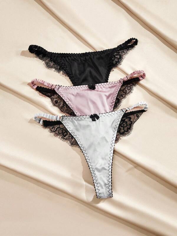 Charlaine 3pcs Women's Seamless Panties With Bow Decor (Satin + Lace)  French Lace