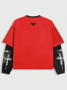 ROMWE MEN Goth Fashionable Printed Crew Neck 2 In 1 Long Sleeve T-Shirt For Men, Fall, 2000s Style - Multicolor - View 2