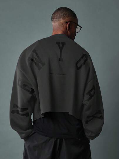 SUMWON 超大短款运动衫经典舒适休闲套头衫圆领宽袖冬季秋季街头服饰休闲服