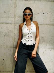 TypaGal Women's White Summer Elegant Seksi Chic Club Halter Top With Oversized Grommet Detailing,Center Zip Punk-Chic Streetwear Grunge Vibes Rebel Top - White - View 2