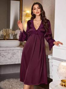 LuxeNights Lace Patchwork Deep V-Neck Sexy Waist Women's Silk-Like Nightgown Babydoll Luxe Loungewear Cozy And Elegant Details, Fall & Winter - Maroon - View 1