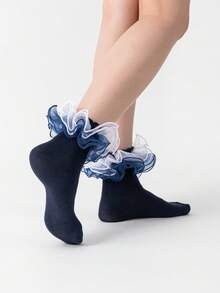 ROMWE Women's Mid-Calf Socks With Ruffle Trim, Double Lace Edging - Navy Blue - View 3