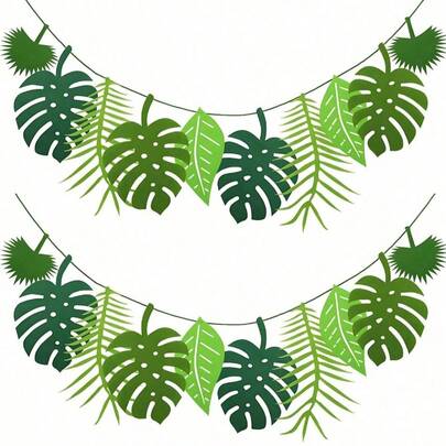 10 PIEZAS Conjunto de banderines con hojas tropicales Decoración hawaiana de palma y monstera para fiesta en la playa, fiesta luau, tema de la jungla, cumpleaños, baby shower, boda, eventos, decoración bohemia para el hogar, telón de fondo de verano, accesorios para cabina de fotos, guirnalda de follaje