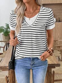 EMERY ROSE Conjunto Casual Feminino Multicolorido de Duas Peças, Camiseta Listrada de Manga Curta 2 em 1, Roupas Femininas de Outono, Roupas de Outono e Inverno para Mulheres, Volta às Aulas, Casual Empresarial, Básico, Saída, Camiseta de Professor - Multicolorido - Visão 4