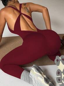 Solea Cove 1 件女士纯色露背十字镂空无袖修身连体裤运动服，适合中国新年 - 酒紅色 - 查看 6