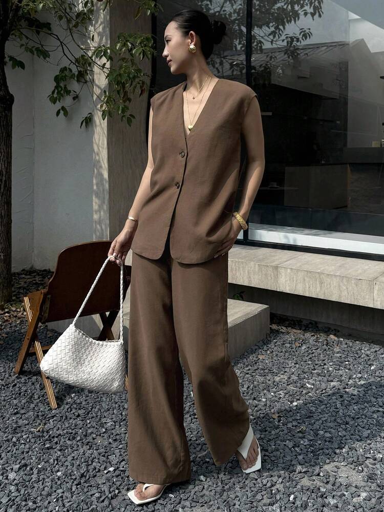 Women's Solid Color Single-Breasted Sleeveless Jacket And Pants Casual 2 Pieces Set