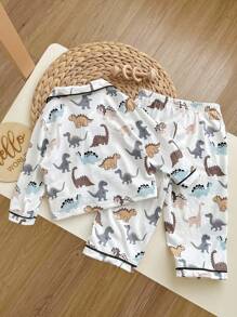 2 piezas/Set Pijama casual suelto de punto cómodo para bebé niño, con camisa de manga larga con bolsillo, cuello con solapa y pantalón recto con estampado de dinosaurio de dibujos animados